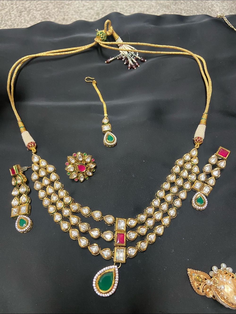 Gold-Plated Kundan Necklace Set with Green and Pink Stones